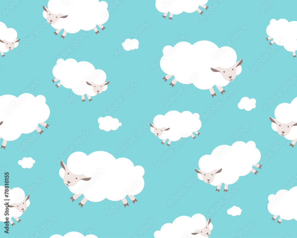 Seamless pattern. White sheep and cloud on the blue sky