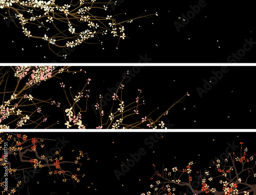 Horizontal banners abstract drawing of blossoming tree branch.