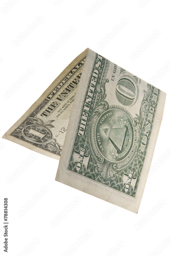 One dollar is folded in half. Isolated.. One dollar is folded in half. Isolated..