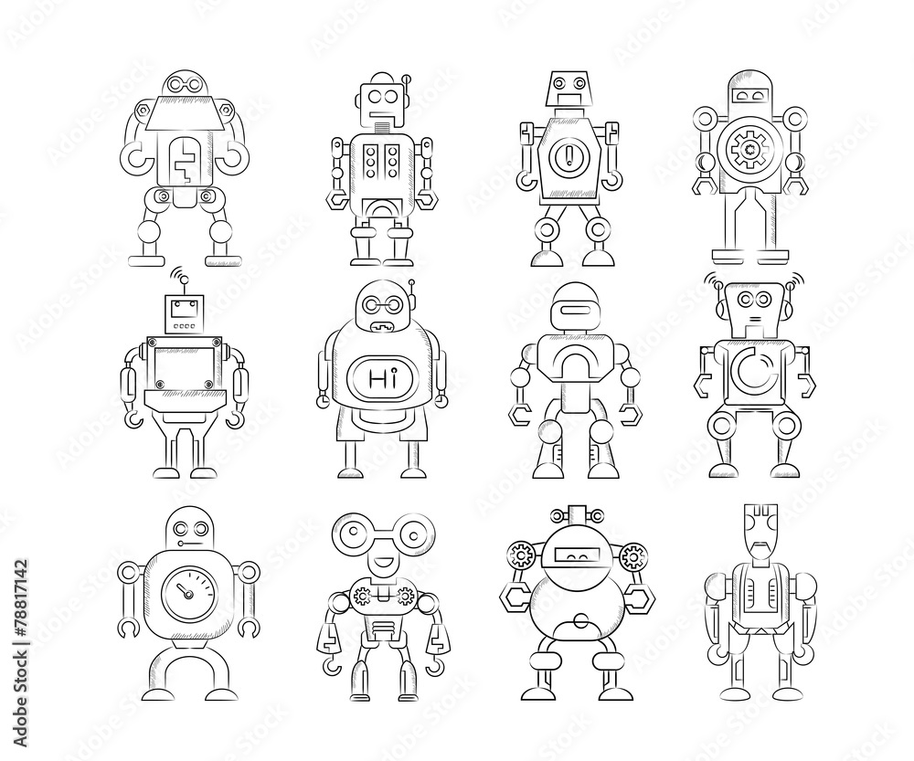 robot icons in sketch line robot icons in sketch line
