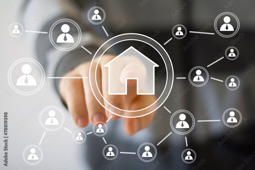 Man with touchscreen house network web icon Man with touchscreen house network web icon