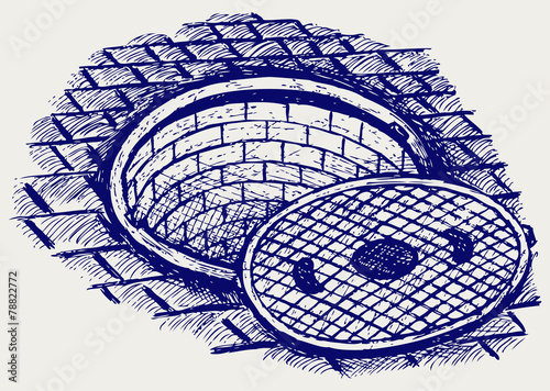 Opened street manhole. Doodle style