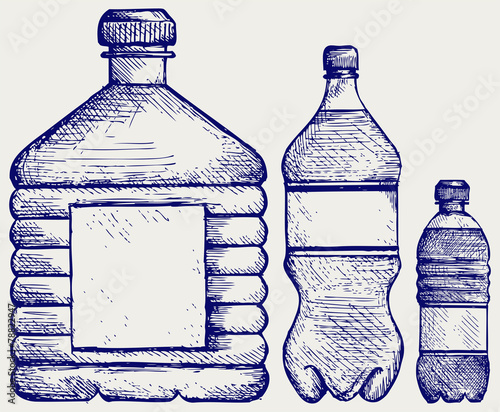 Set of water bottles. Doodle style