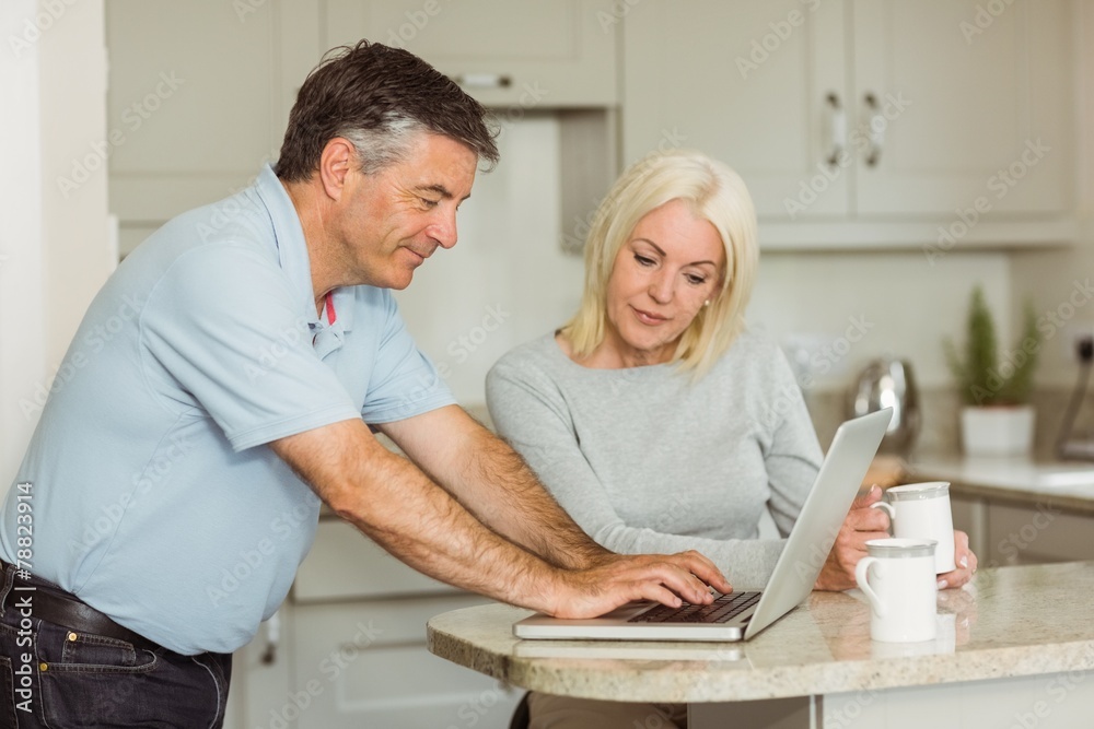 Obraz premium Happy mature couple using laptop