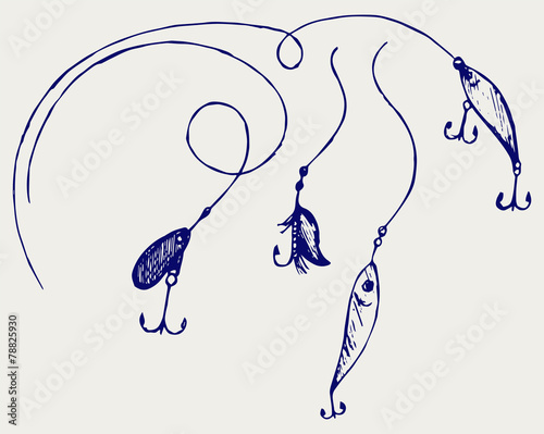 Set of fishing gear. Doodle style