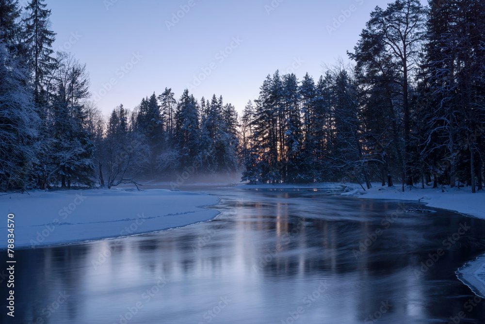 Scenic view of a river in winter at sunset