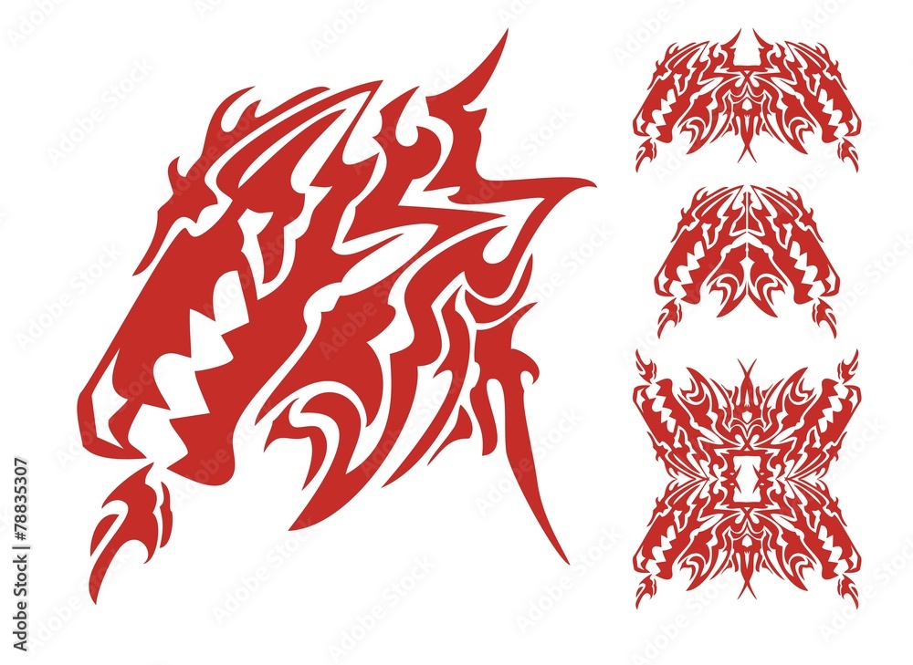 Fototapeta premium Tribal dragon head with an open mouth and dragon elements