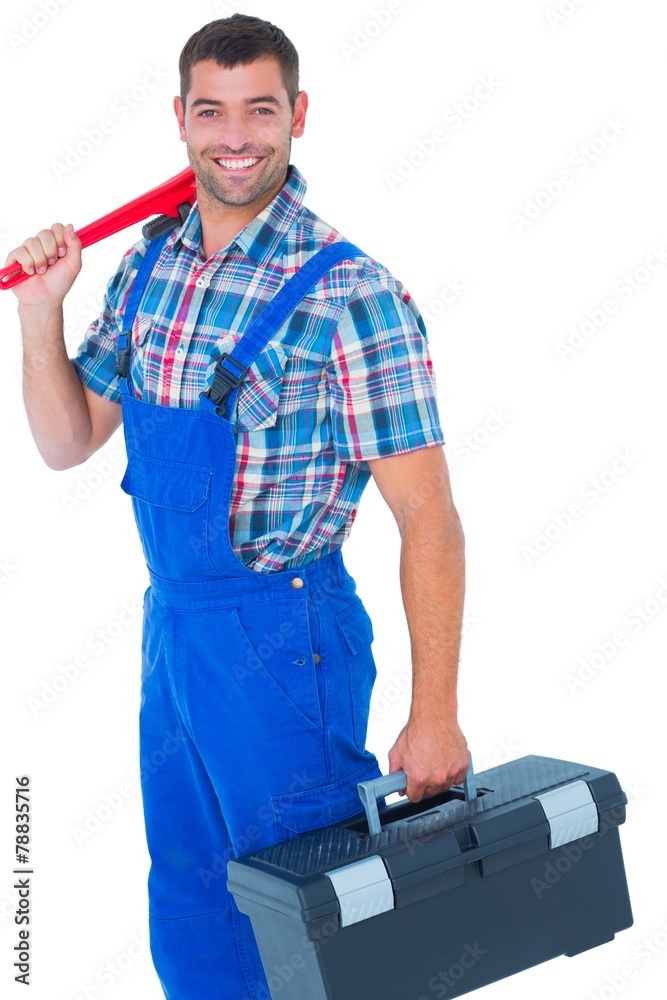 Happy repairman with toolbox and monkey wrench Happy repairman with toolbox and monkey wrench