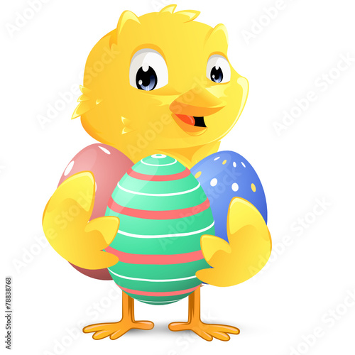 cute little chick holding easter eggs
