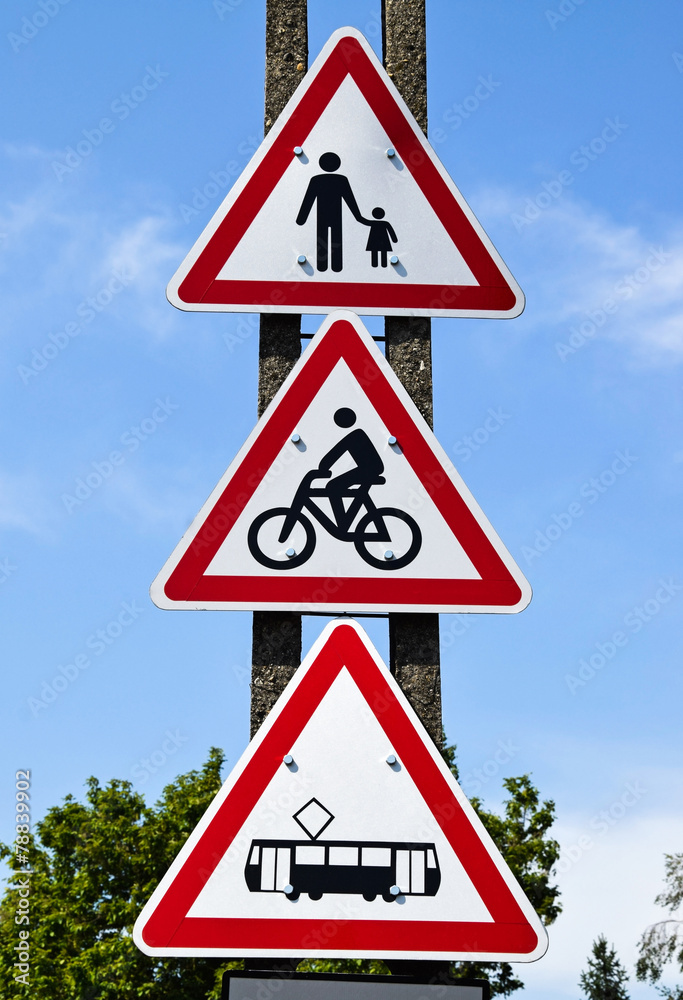 Pedestrian way, bicycle road and tram way road signs Pedestrian way, bicycle road and tram way road signs