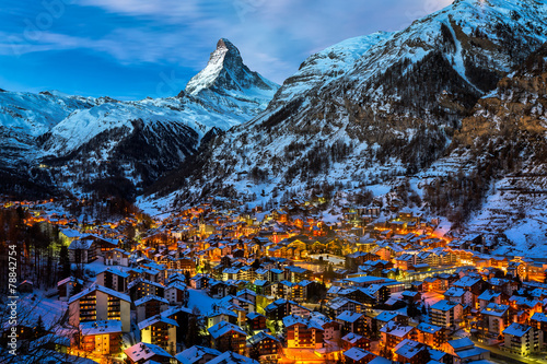 Aerial View on Zermatt Valley and Matterhorn Peak at Dawn, Switz
