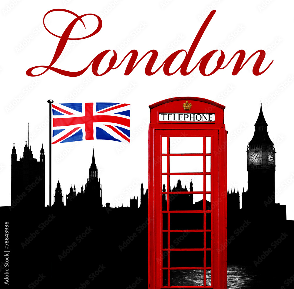 Skyline London mit Telefonzelle - obrazy, fototapety, plakaty 