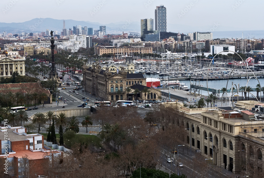 Harbor district with Columbus   in Barcelona, Spain