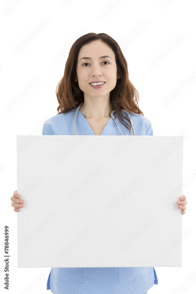 Doctor or nurse holding a blank billboard for advertisement Doctor or nurse holding a blank billboard for advertisement