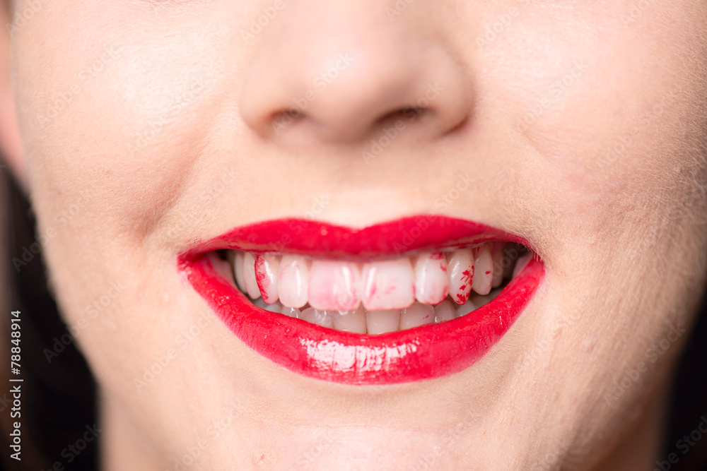 Naklejka premium close up mouth and teeth with lipstick