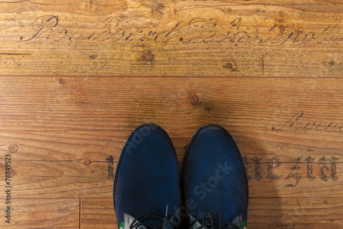 hipster leather man shoes view from above on wood floor