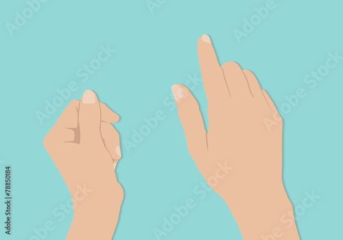 Flat hands hold and touch tablet PC on turquiose background 