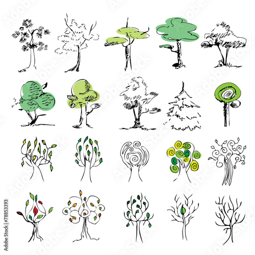 set of 20 colored trees on a white background , sketch