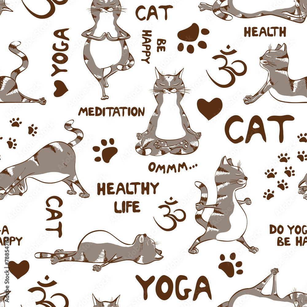 Seamless pattern with cat doing yoga position. - obrazy, fototapety, plakaty 