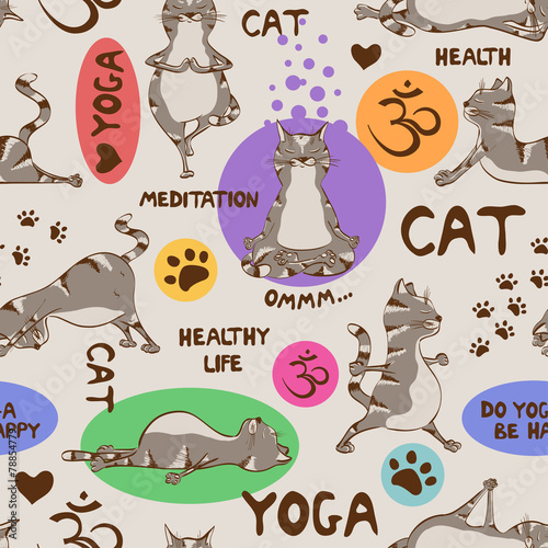 Seamless pattern with cat doing yoga position.