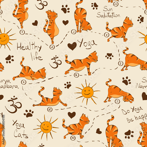 Seamless pattern with cat doing yoga position of Surya Namaskara