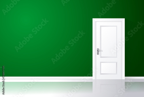 White door closed on a green wall with reflective floor.