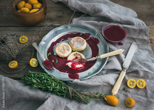 Rustic breakfast set. Russian cheese cakes photo