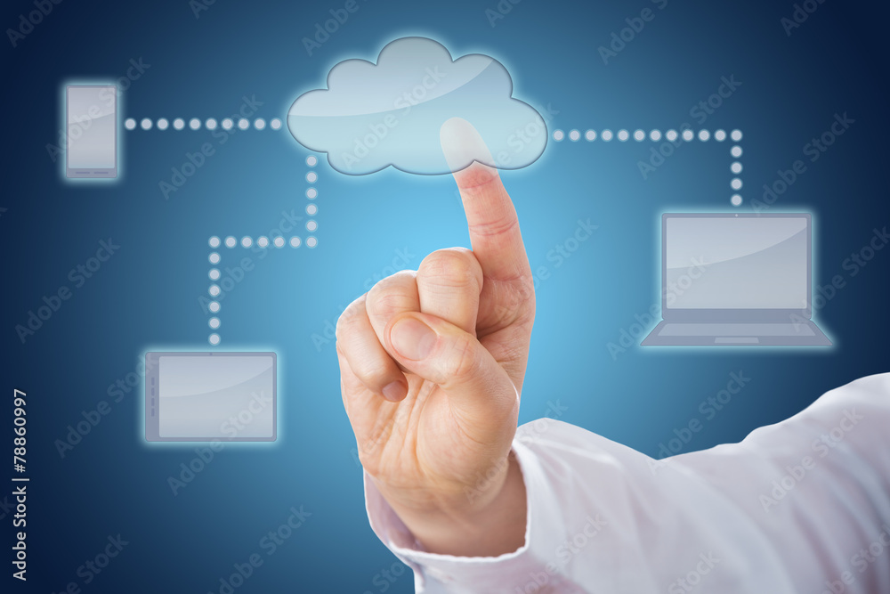 Finger Touching Cloud Linked To Mobile Devices Finger Touching Cloud Linked To Mobile Devices