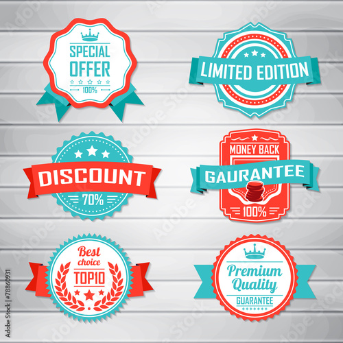 Set of vintage blue and red labels. Templates icons