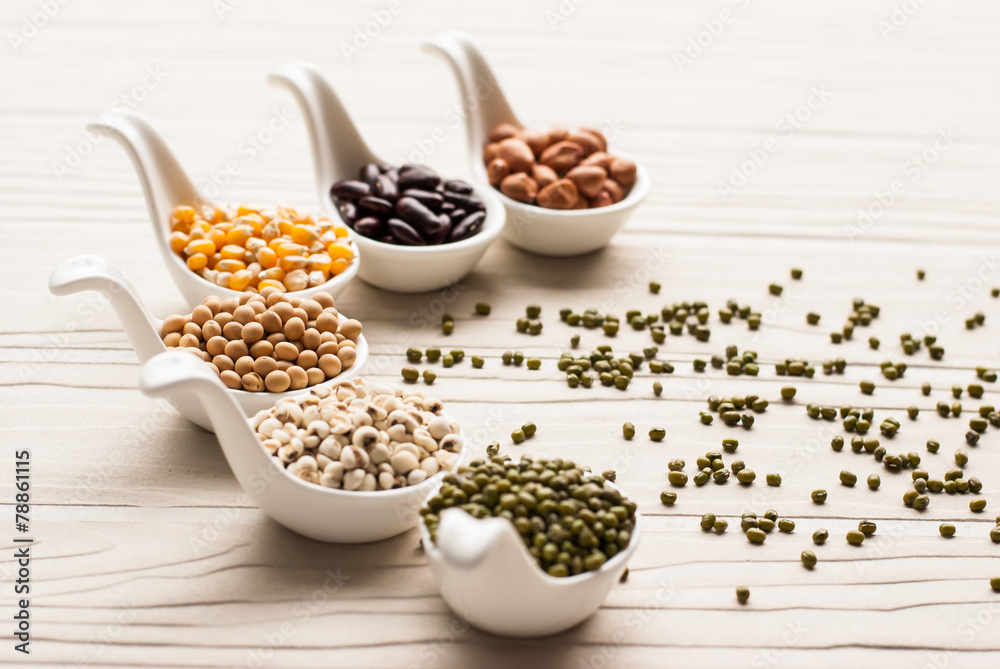 collection set of beans, legumes, peas, lentils on ceramic spoon collection set of beans, legumes, peas, lentils on ceramic spoon