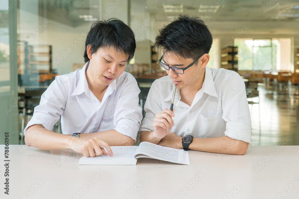 Two Asian students studying together at university