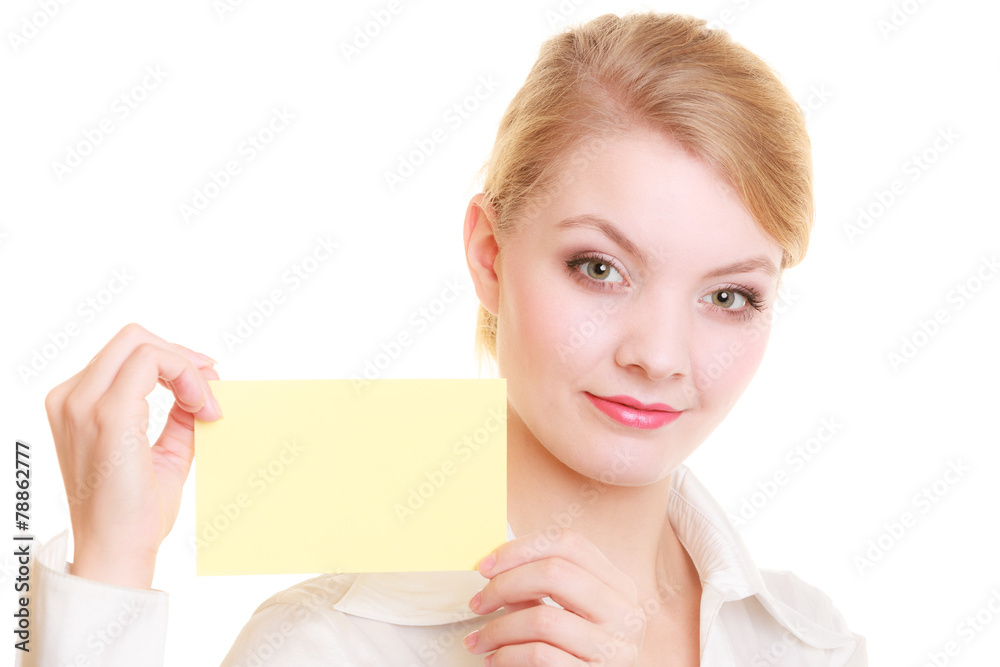 Ad. Businesswoman holding blank copy space card Ad. Businesswoman holding blank copy space card