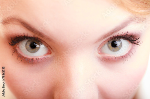 Part of face female eyes. Blonde girl wide eyed.