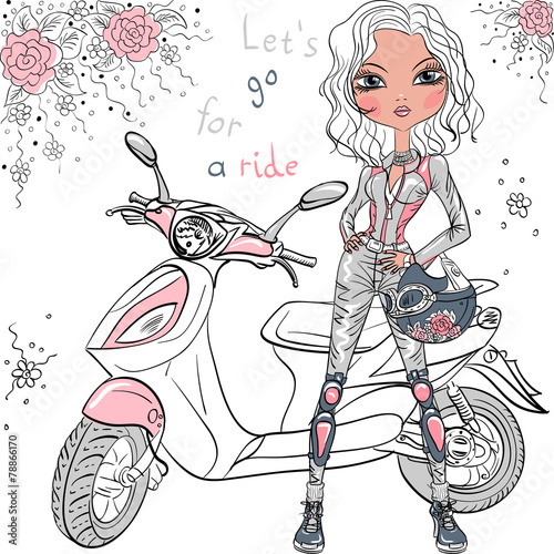 Vector cute girl with scooter