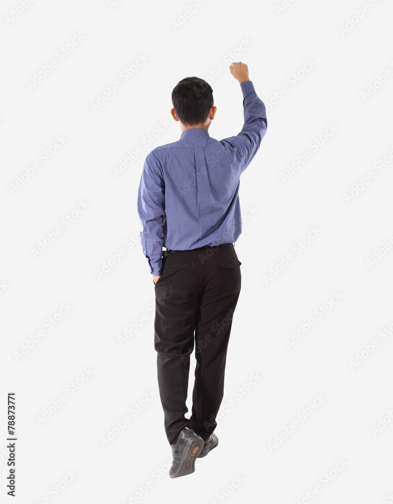 attractive of businessman walking with hand up