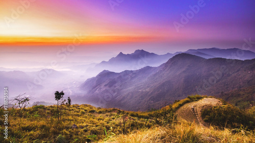 Sunrise and mountain sea of fog at Phu chi fa in Chiangrai