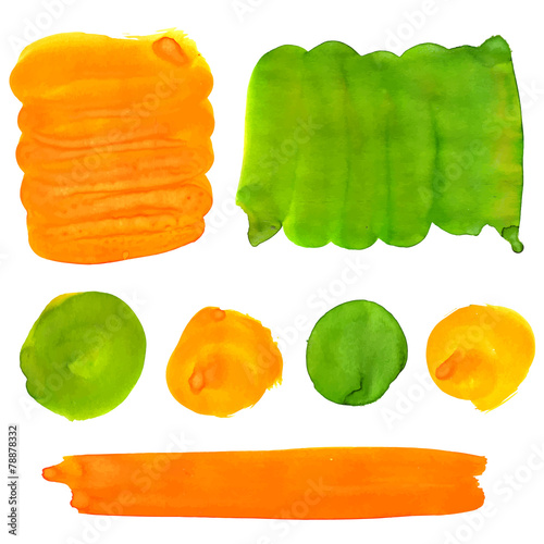 Green and orange gouache paint stains and strokes. Bright