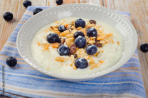 Healthy breakfast - yogurt with blueberries and muesli served in