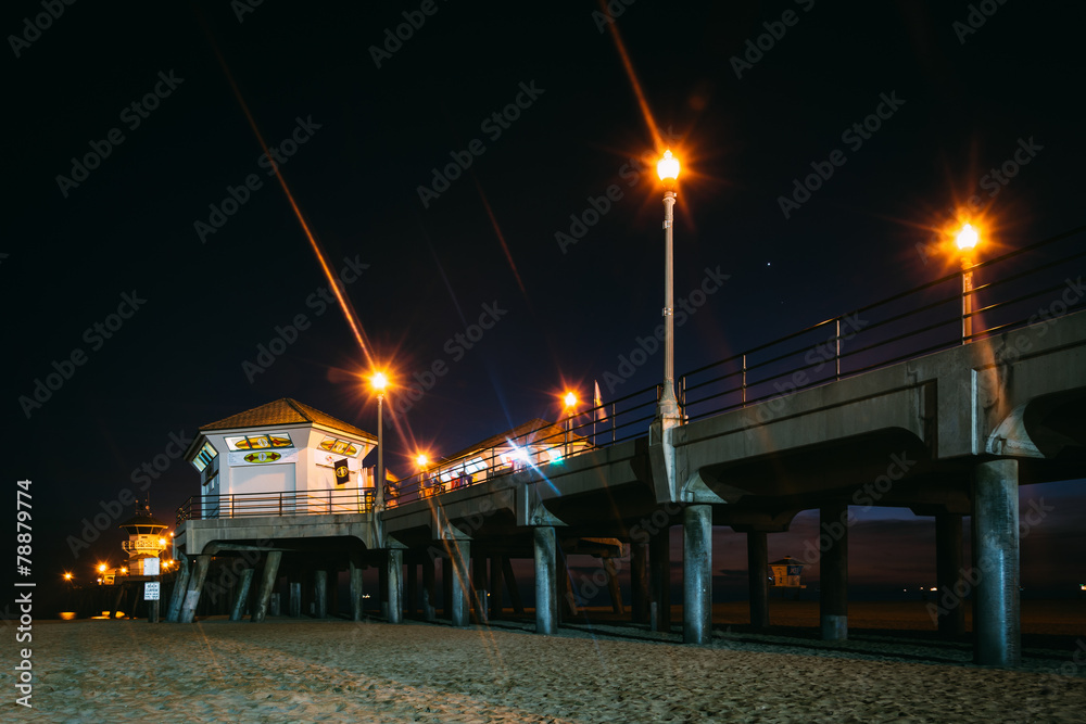The pier at night, in Huntington Beach, California.