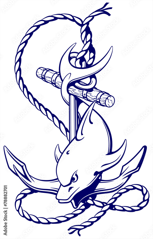 Fototapeta premium dolphin around an anchor with a rope, an ancient symbol of the s