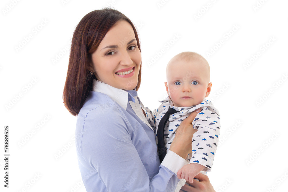 happy mother with her little son isolated on white happy mother with her little son isolated on white