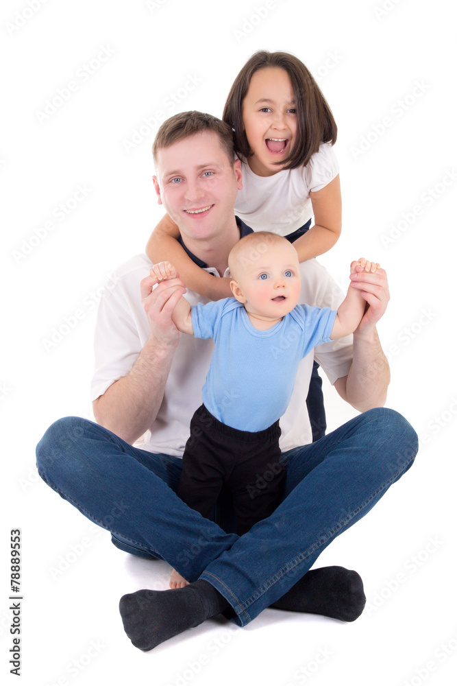 happy father with daughter and son isolated on white happy father with daughter and son isolated on white