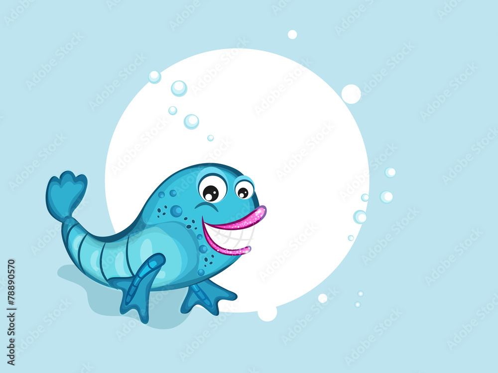 Funny smiling fish with blank frame on blue background.