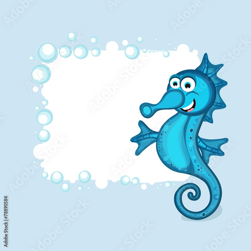 Funny cartoon of seahorse with blank frame.