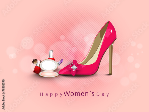Pink ladies shoe with cosmetics for Women's Day celebration.