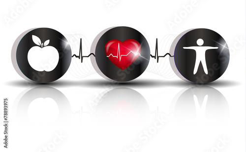 Exercise, healthy diet and Cardiovascular Health symbols connect
