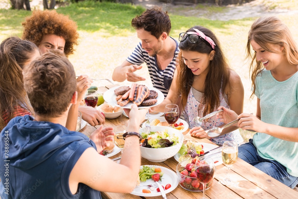 Happy friends in the park having lunch