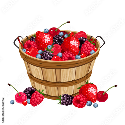 Wooden basket with various berries. Vector illustration.