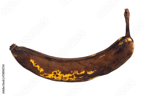 Closeup of an overripe banana, isolated on white background