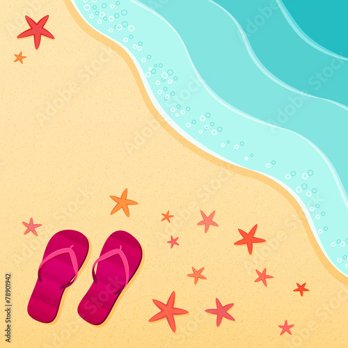 Flip flops on a sea beach with starfish shells.